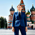 **Prompt:** "A professional businesswoman in Moscow, wearing a tailored dark blue business suit, standing confidently in front of the iconic Saint Basil's Cathedral on a sunny day, fully clothed, appropriate attire, safe for work, perfect anatomy, natural proportions, professional photography, high quality."